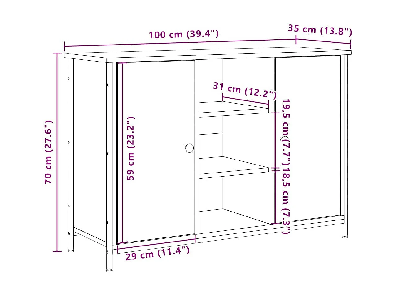 Artisan Sideboard aus Eichenholz, 100 x 35 x 70 cm, Holzwerkstoff und Stahl