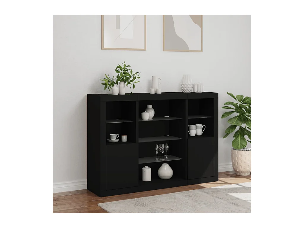 Buffets avec lumières LED 3 pcs noir bois d'ingénierie