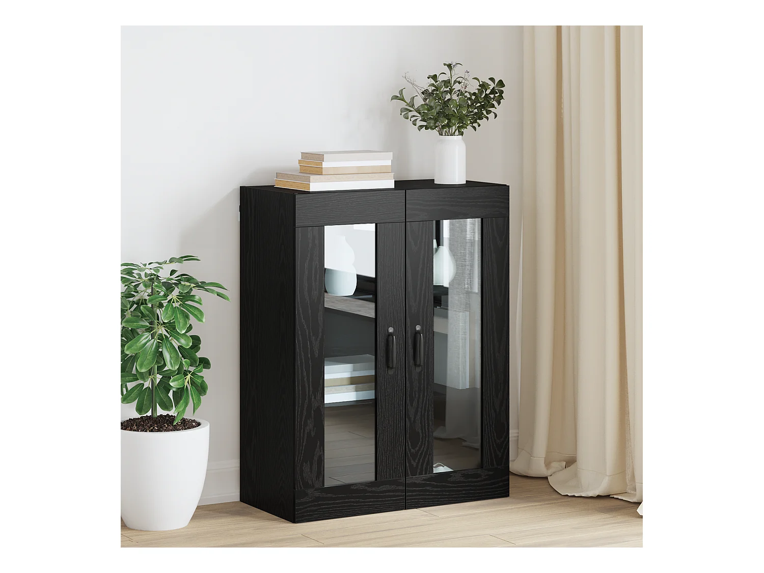 Mobiletto pensile con ripiano a parete con contenitore con anta Nero 69,5 x 34 x 90 cm