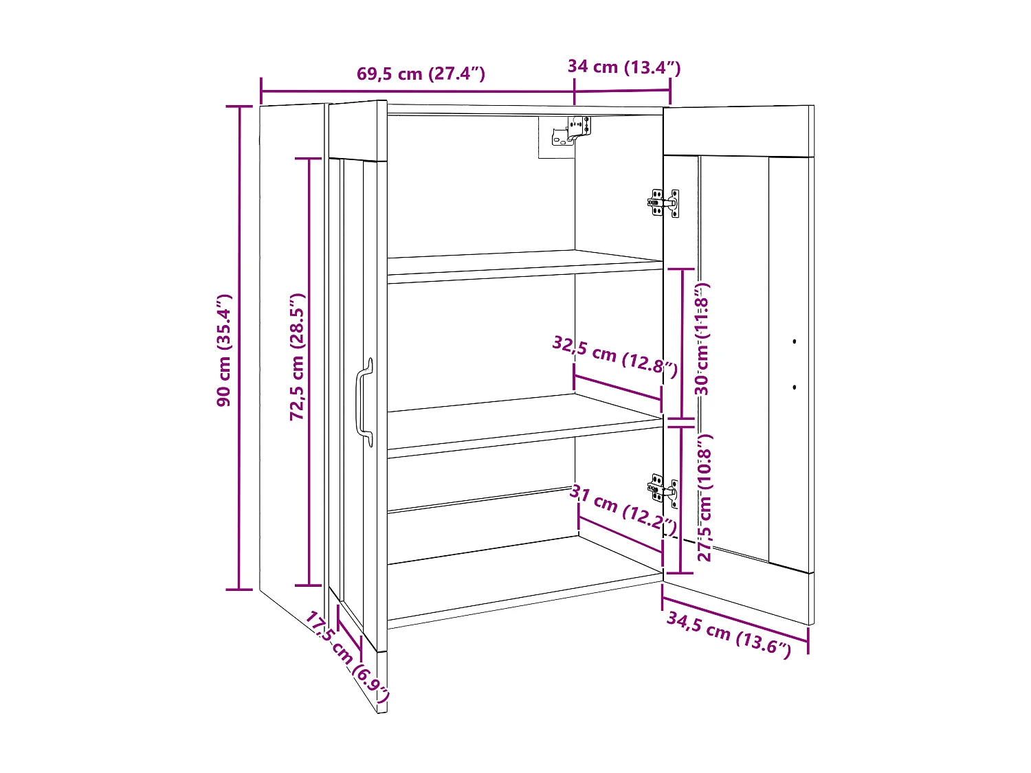 Hangende wandkast met plank Wandkast met opbergruimte met deur Zwart 69,5 x 34 x 90 cm