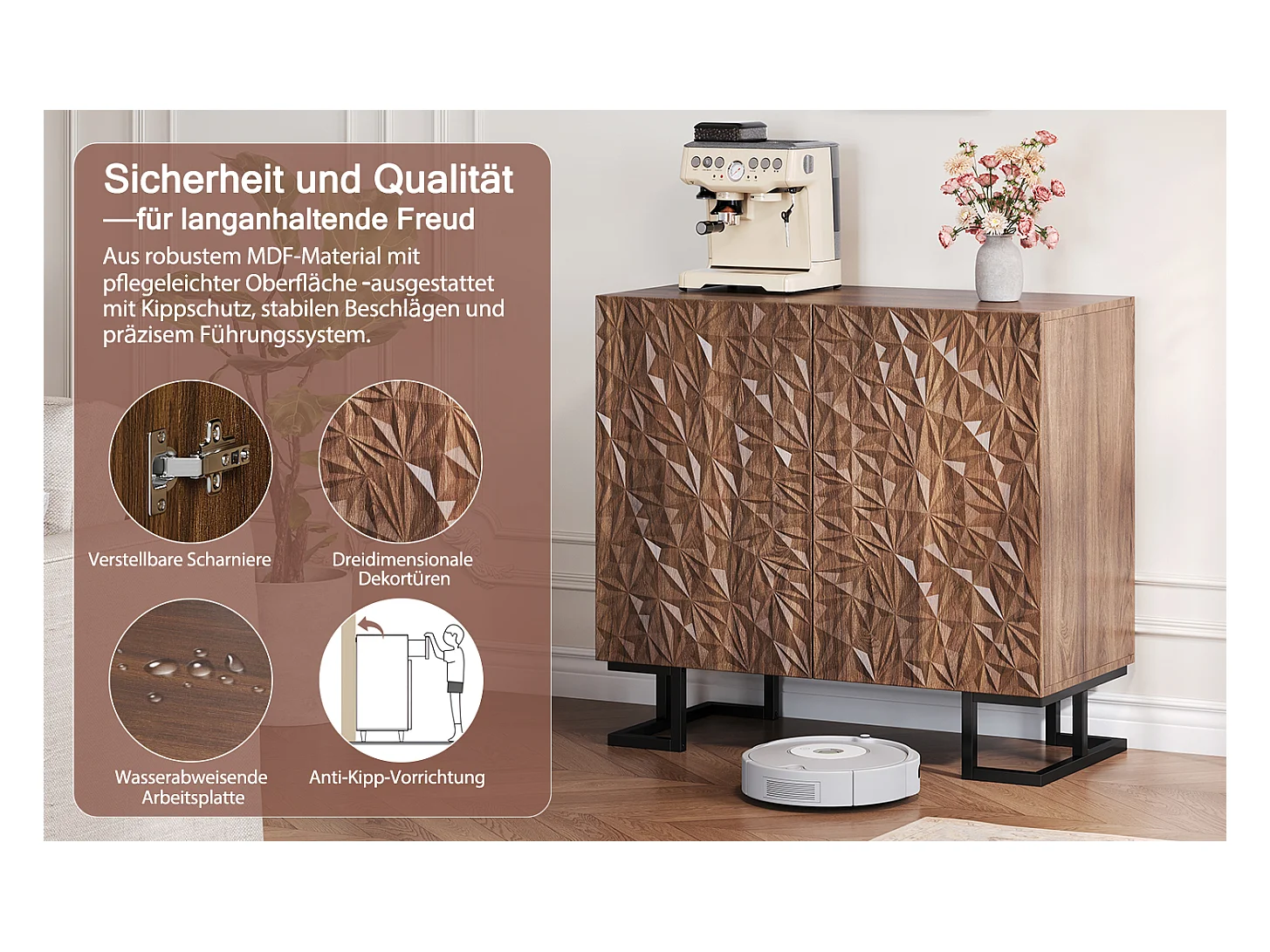 Buffet de rangement avec relief de feuilles, design moderne, MDF, noyer foncé (80x40x78cm)