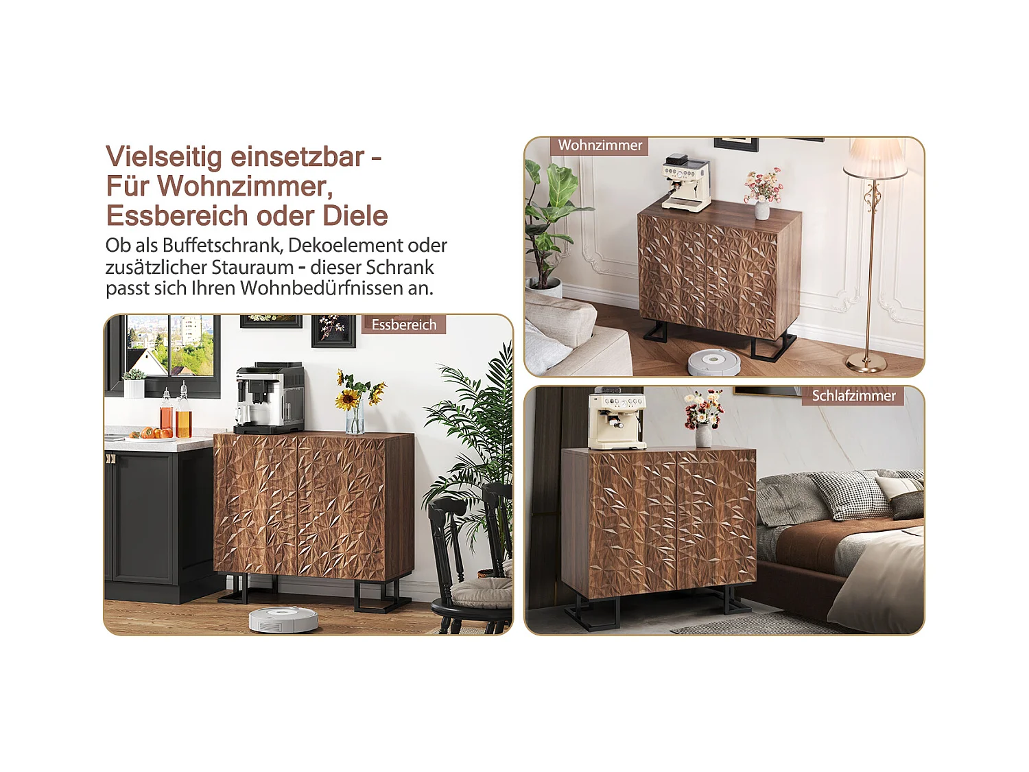 Buffet de rangement avec relief de feuilles, design moderne, MDF, noyer foncé (80x40x78cm)