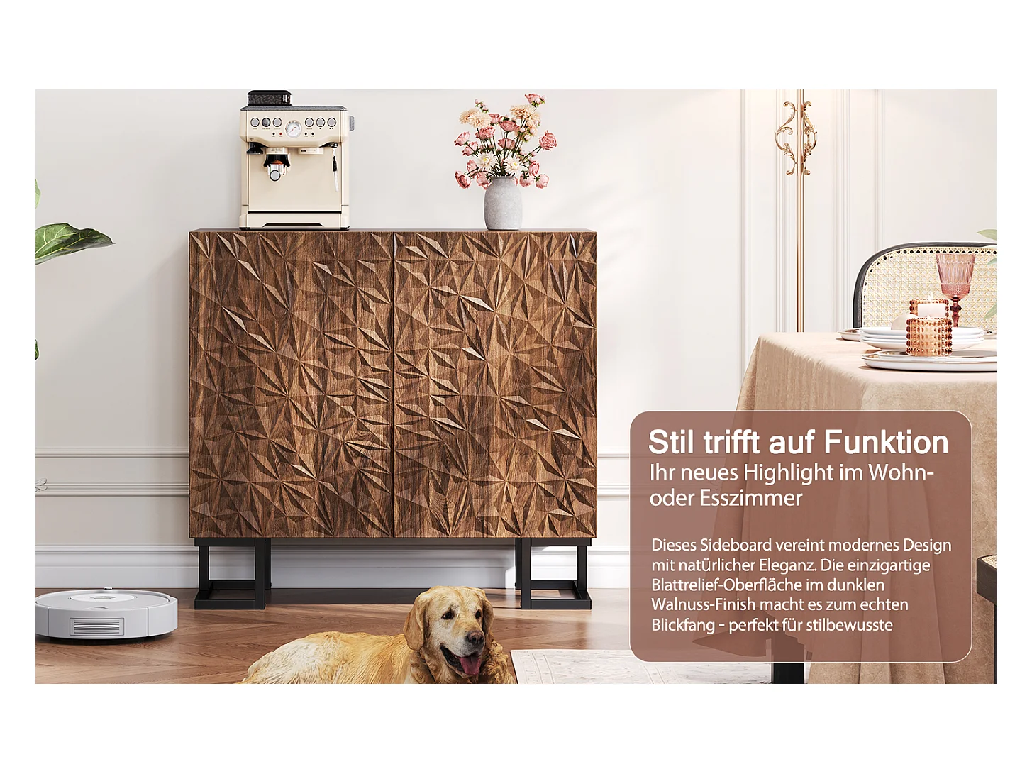 Buffet de rangement avec relief de feuilles, design moderne, MDF, noyer foncé (80x40x78cm)