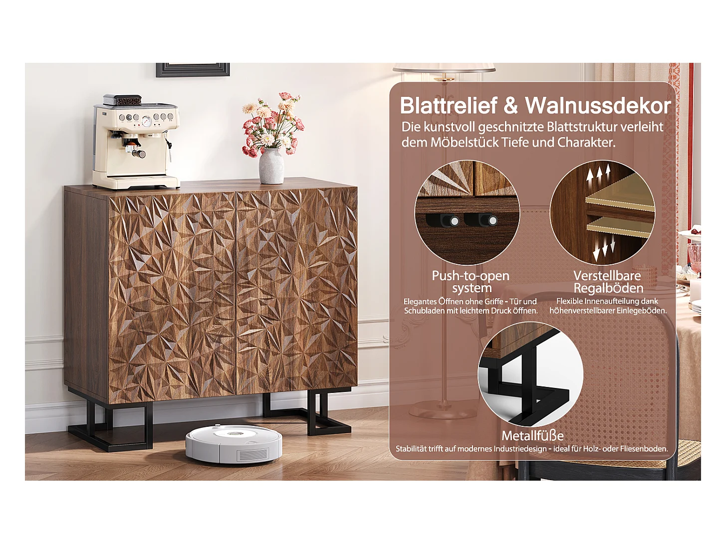 Buffet de rangement avec relief de feuilles, design moderne, MDF, noyer foncé (80x40x78cm)