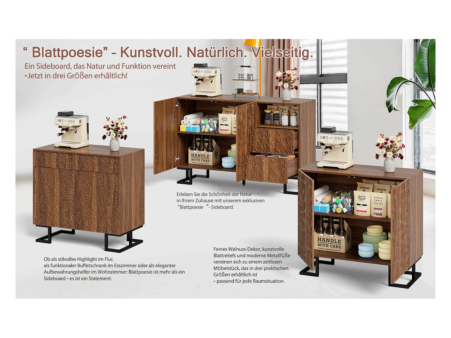 Buffet de rangement avec relief de feuilles, design moderne, MDF, noyer foncé (80x40x78cm)