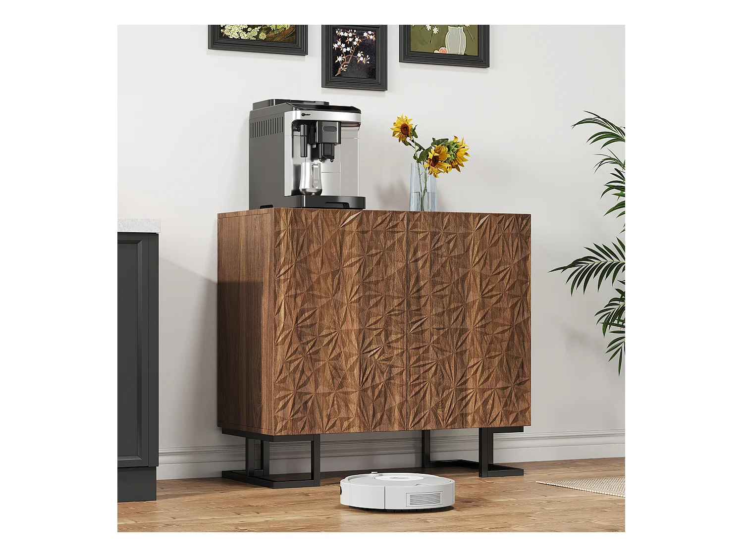Buffet de rangement avec relief de feuilles, design moderne, MDF, noyer foncé (80x40x78cm)
