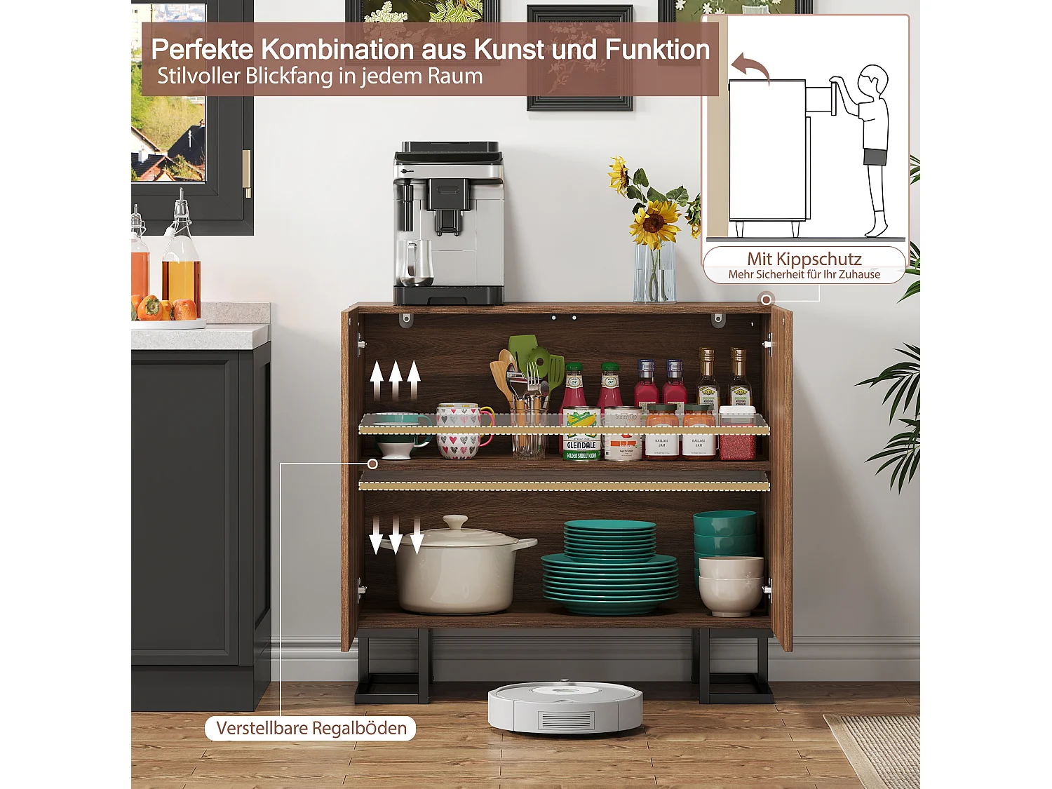 Buffet de rangement avec relief de feuilles, design moderne, MDF, noyer foncé (80x40x78cm)