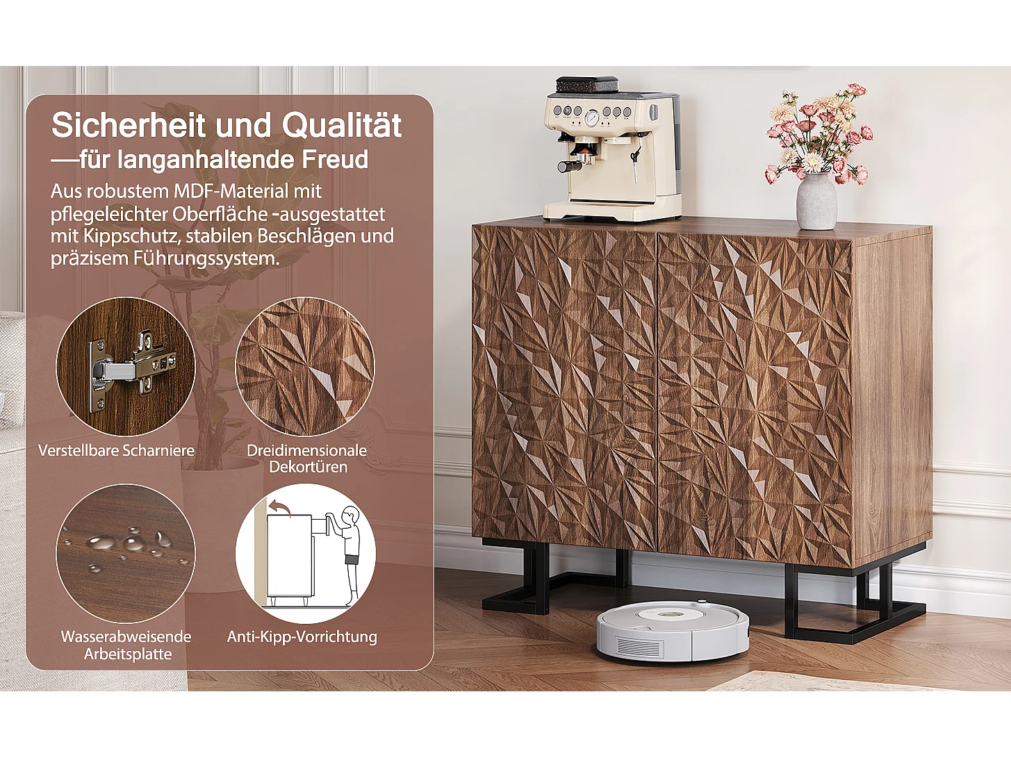 Buffet de rangement avec relief de feuilles, design moderne, MDF, noyer foncé (80x40x78cm)