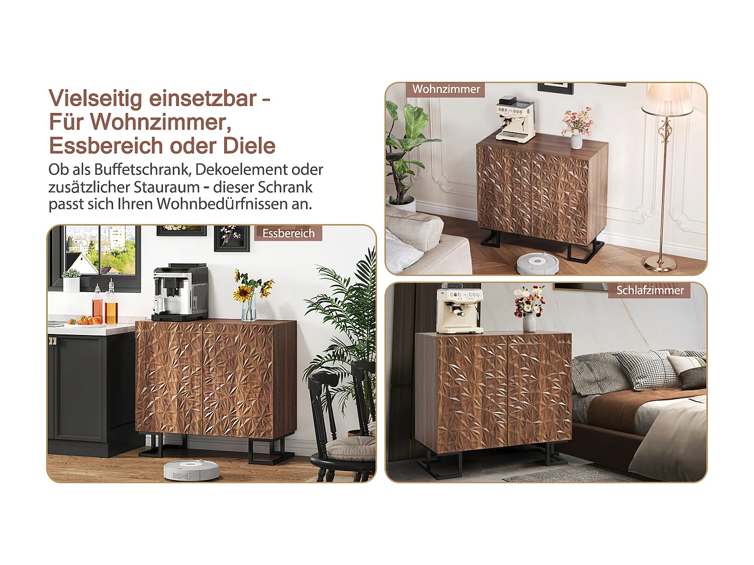 Buffet de rangement avec relief de feuilles, design moderne, MDF, noyer foncé (80x40x78cm)