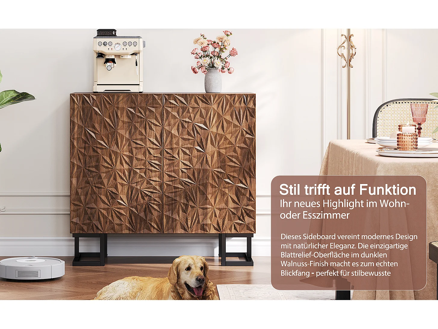 Buffet de rangement avec relief de feuilles, design moderne, MDF, noyer foncé (80x40x78cm)