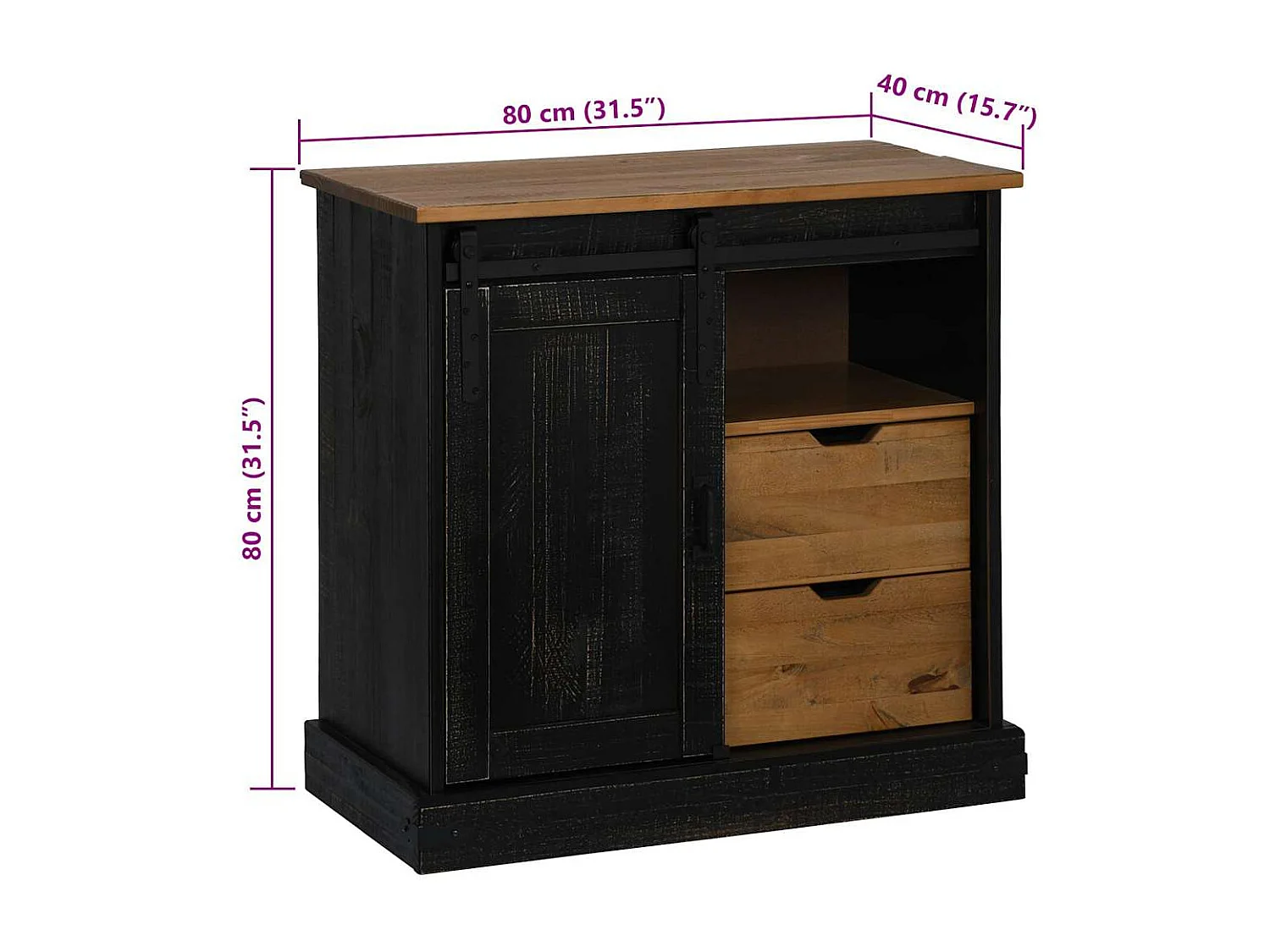 Buffet HALDEN porte coulissante noir 80x40x80 cm bois massif