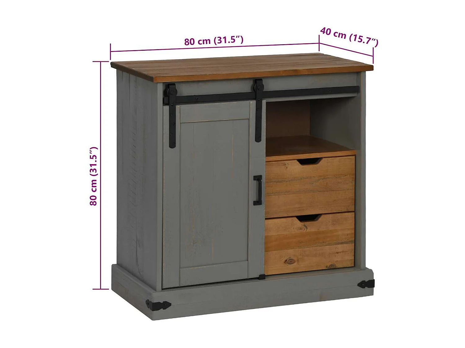 Buffet HALDEN porte coulissante gris 80x40x80 cm bois massif