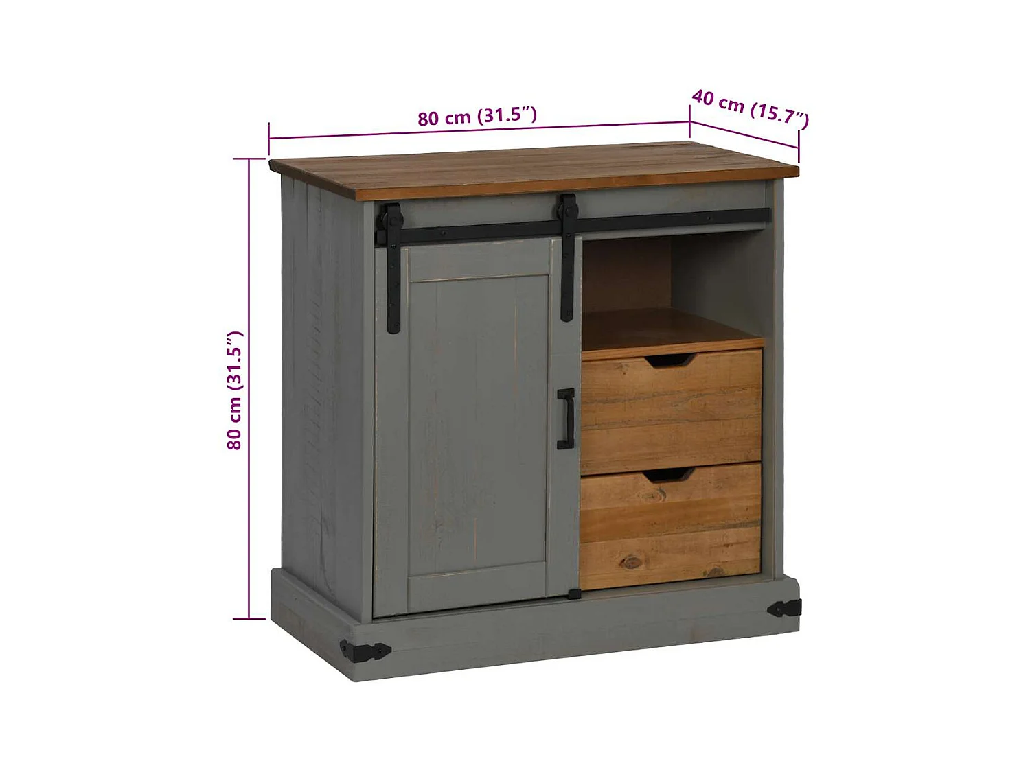Buffet HALDEN porte coulissante gris 80x40x80 cm bois massif