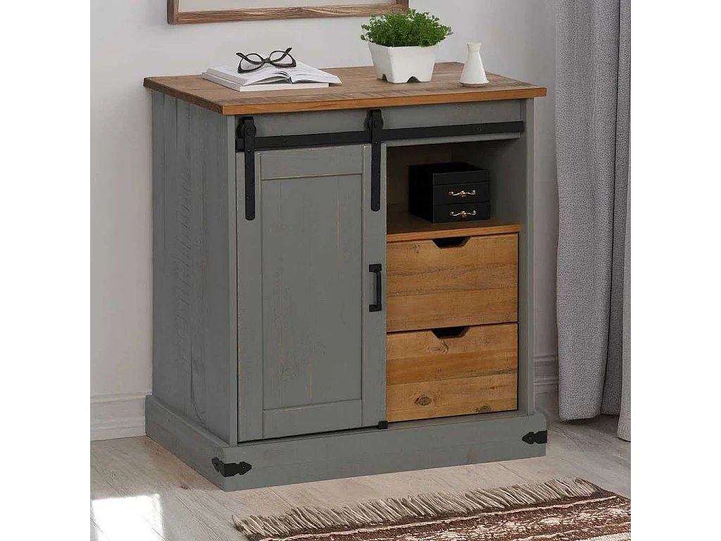 Buffet HALDEN porte coulissante gris 80x40x80 cm bois massif