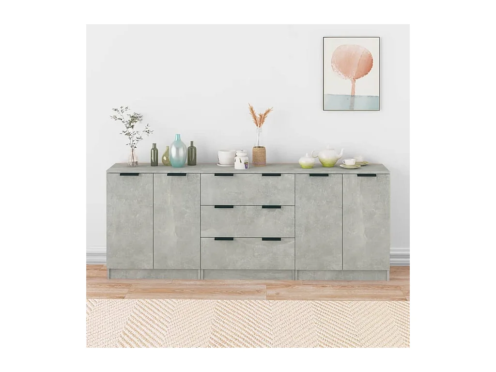 3-teilige Sideboards, Betongrau, Holzwerkstoff