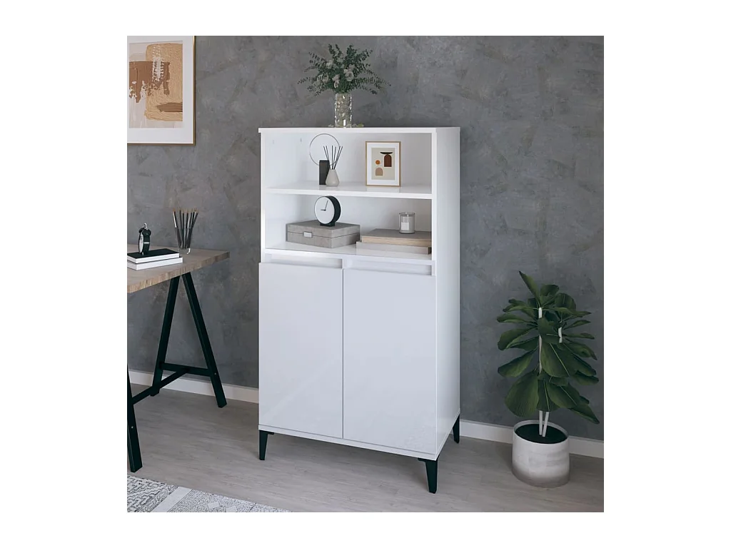Buffet haut Blanc brillant 60x36x110 cm Bois d'ingénierie