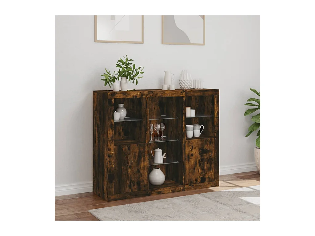 Buffets avec lumières LED 3 pcs chêne fumé bois d'ingénierie