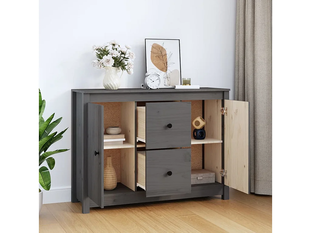 Credenza grigia 100x35x74 cm in legno massello di pino