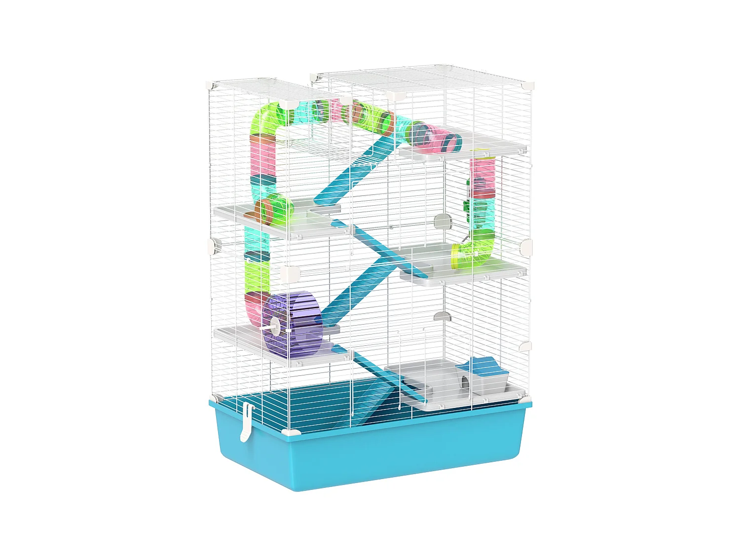 Jaula para hámster de 6 pisos con tubos, túneles, rueda, casa y accesorios, plástico, azul claro (58x36x81cm)