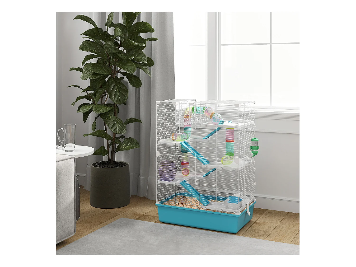 Jaula para hámster de 6 pisos con tubos, túneles, rueda, casa y accesorios, plástico, azul claro (58x36x81cm)