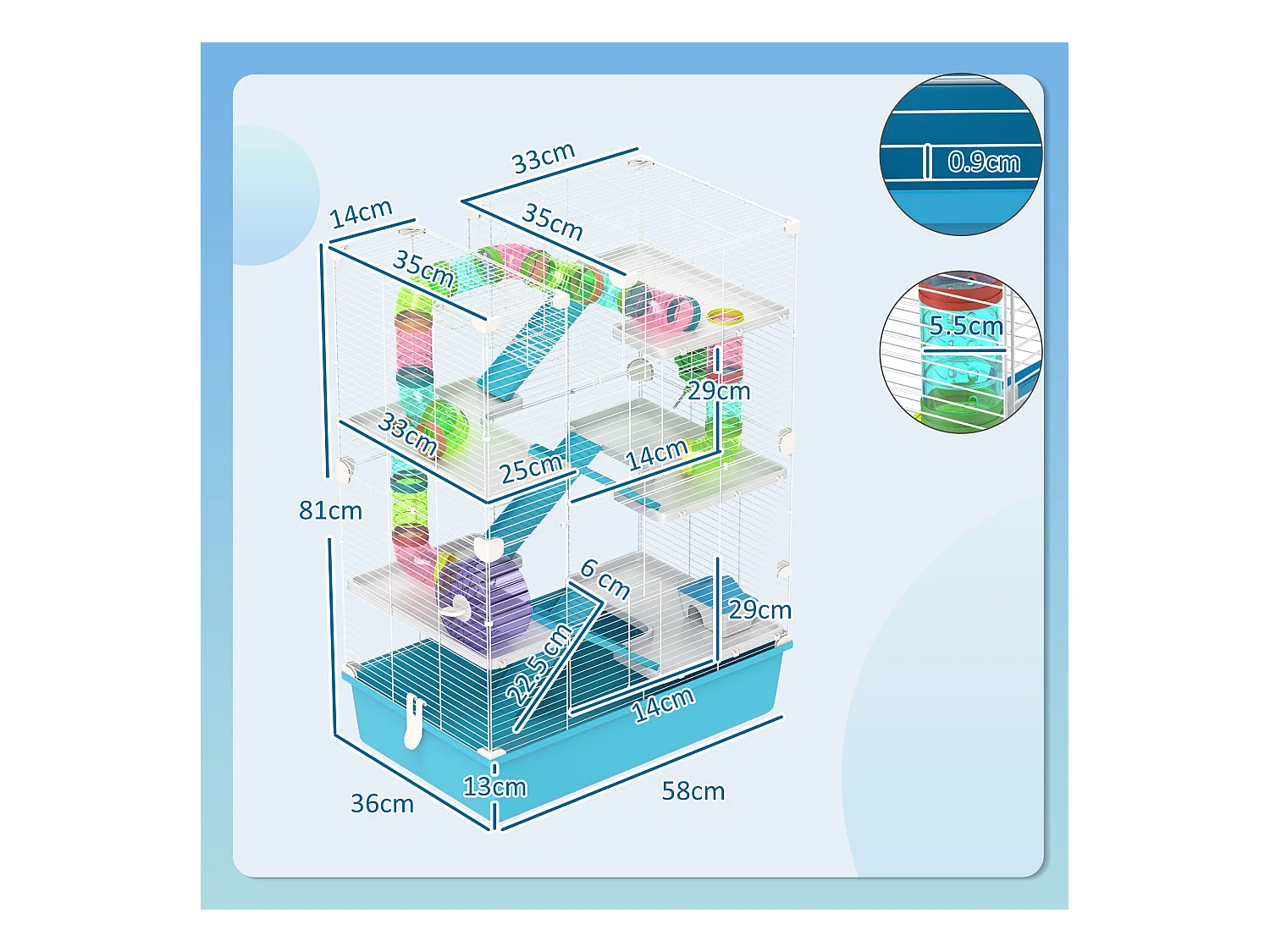 Jaula para hámster de 6 pisos con tubos, túneles, rueda, casa y accesorios, plástico, azul claro (58x36x81cm)