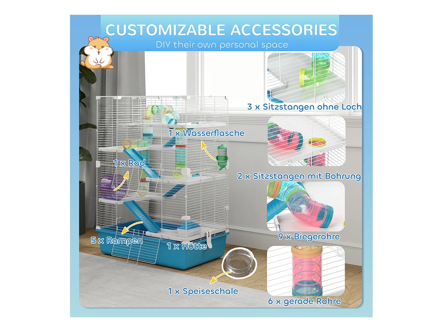 Jaula para hámster de 6 pisos con tubos, túneles, rueda, casa y accesorios, plástico, azul claro (58x36x81cm)