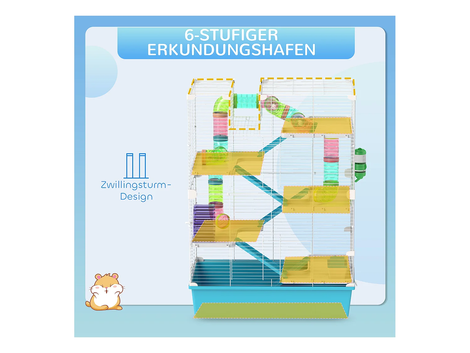 Jaula para hámster de 6 pisos con tubos, túneles, rueda, casa y accesorios, plástico, azul claro (58x36x81cm)