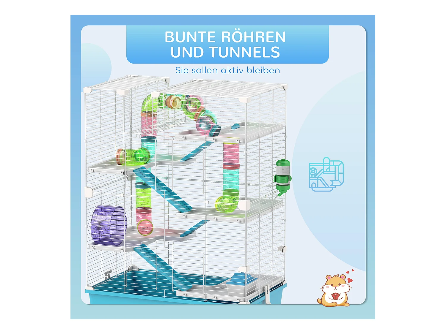 Jaula para hámster de 6 pisos con tubos, túneles, rueda, casa y accesorios, plástico, azul claro (58x36x81cm)