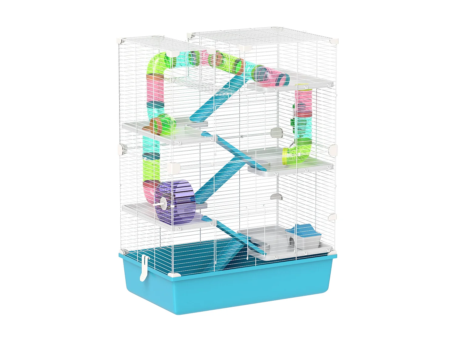 Cage à hamster 6 étages avec tubes, tunnels, roue, maisonnette et accessoires, plastique, bleu clair (58x36x81cm)