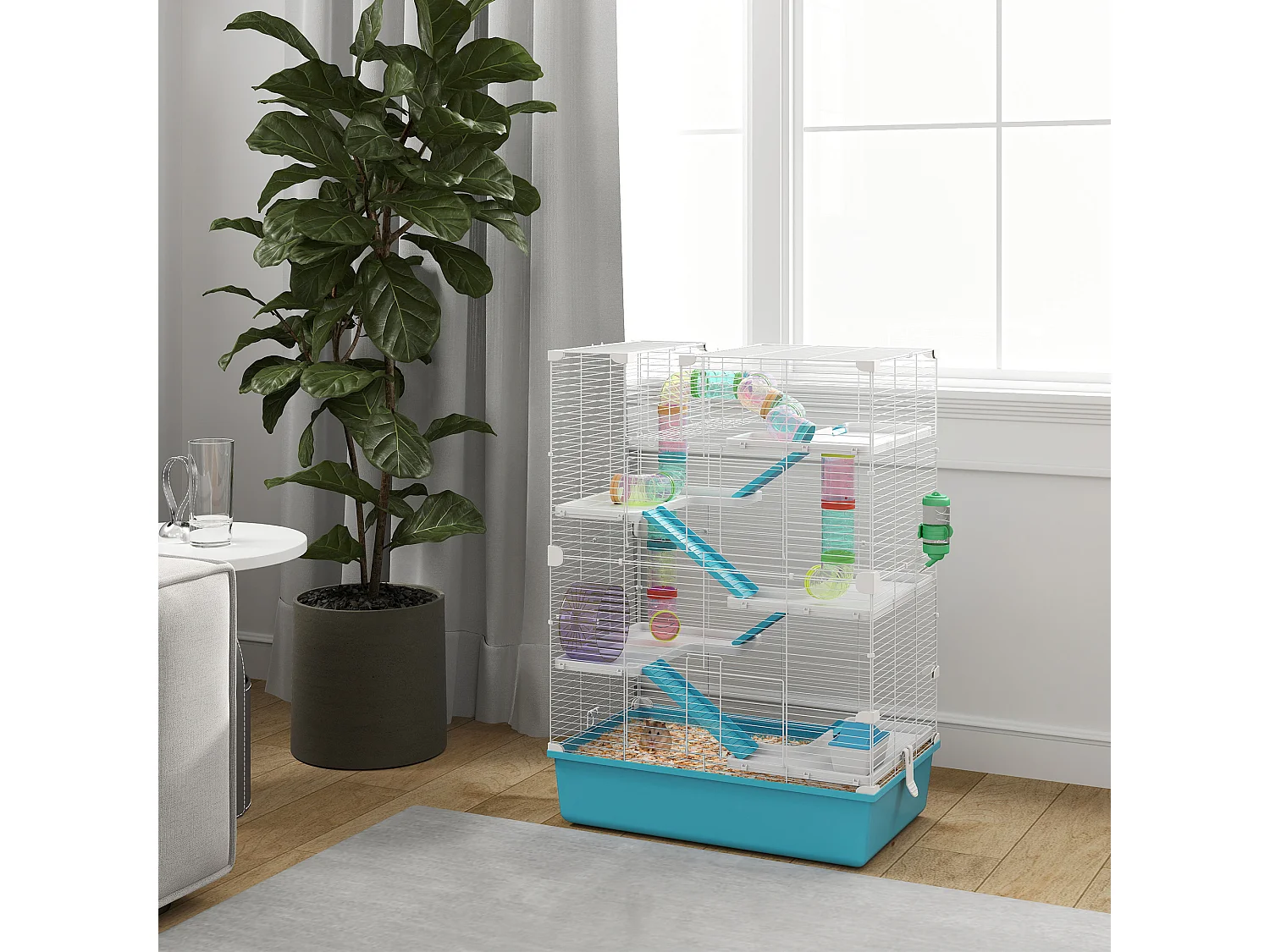 Cage à hamster 6 étages avec tubes, tunnels, roue, maisonnette et accessoires, plastique, bleu clair (58x36x81cm)