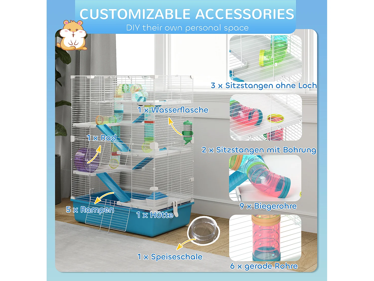Cage à hamster 6 étages avec tubes, tunnels, roue, maisonnette et accessoires, plastique, bleu clair (58x36x81cm)
