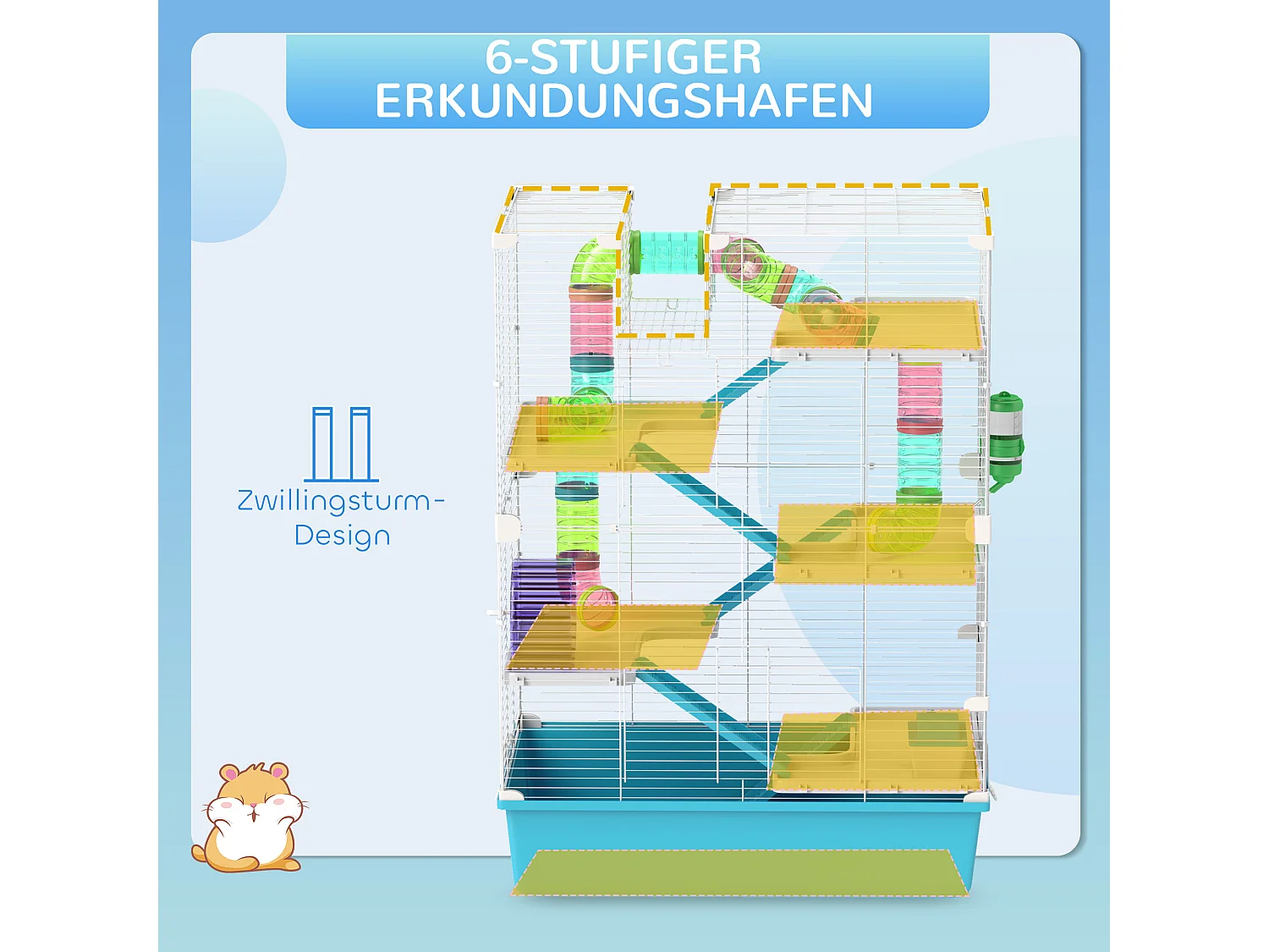 Cage à hamster 6 étages avec tubes, tunnels, roue, maisonnette et accessoires, plastique, bleu clair (58x36x81cm)