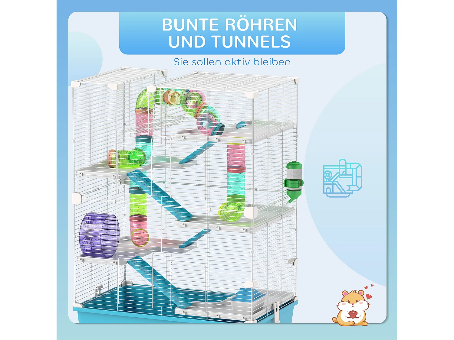 Cage à hamster 6 étages avec tubes, tunnels, roue, maisonnette et accessoires, plastique, bleu clair (58x36x81cm)