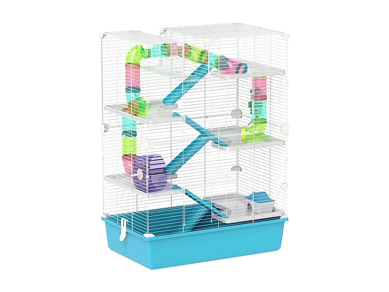 Gabbia per criceti a 6 piani con tubi, tunnel, ruota, casetta e accessori, plastica, azzurro (58x36x81cm)