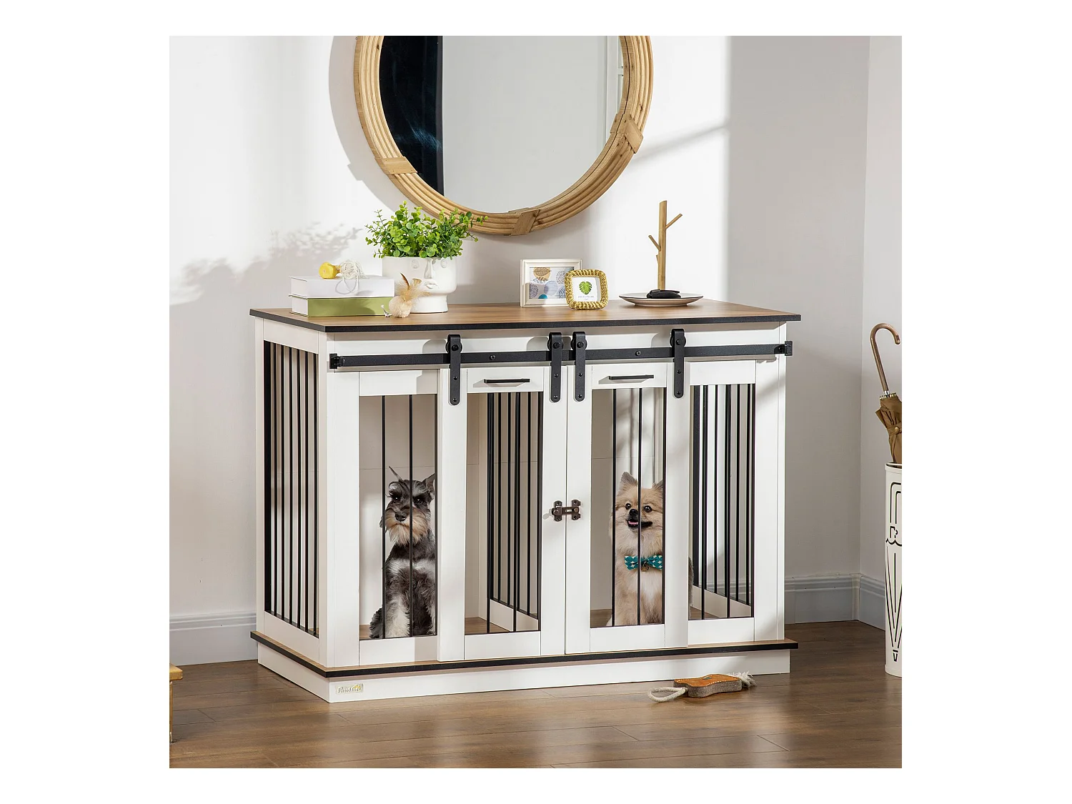 Hondenbench met twee compartimenten, rustiek design, hout, wit, met dubbele deur (120x60x88,5 cm)