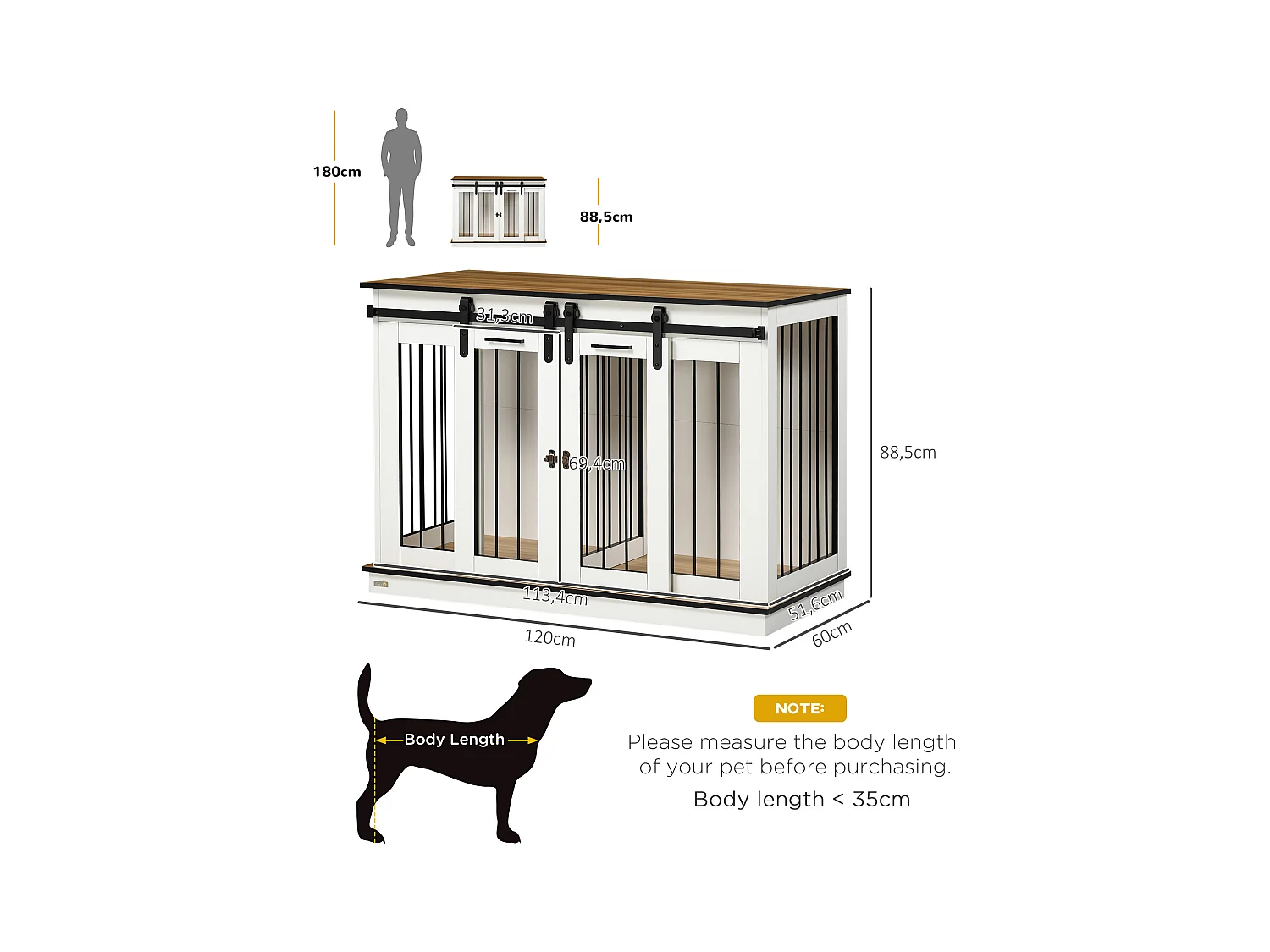 Hondenbench met twee compartimenten, rustiek design, hout, wit, met dubbele deur (120x60x88,5 cm)