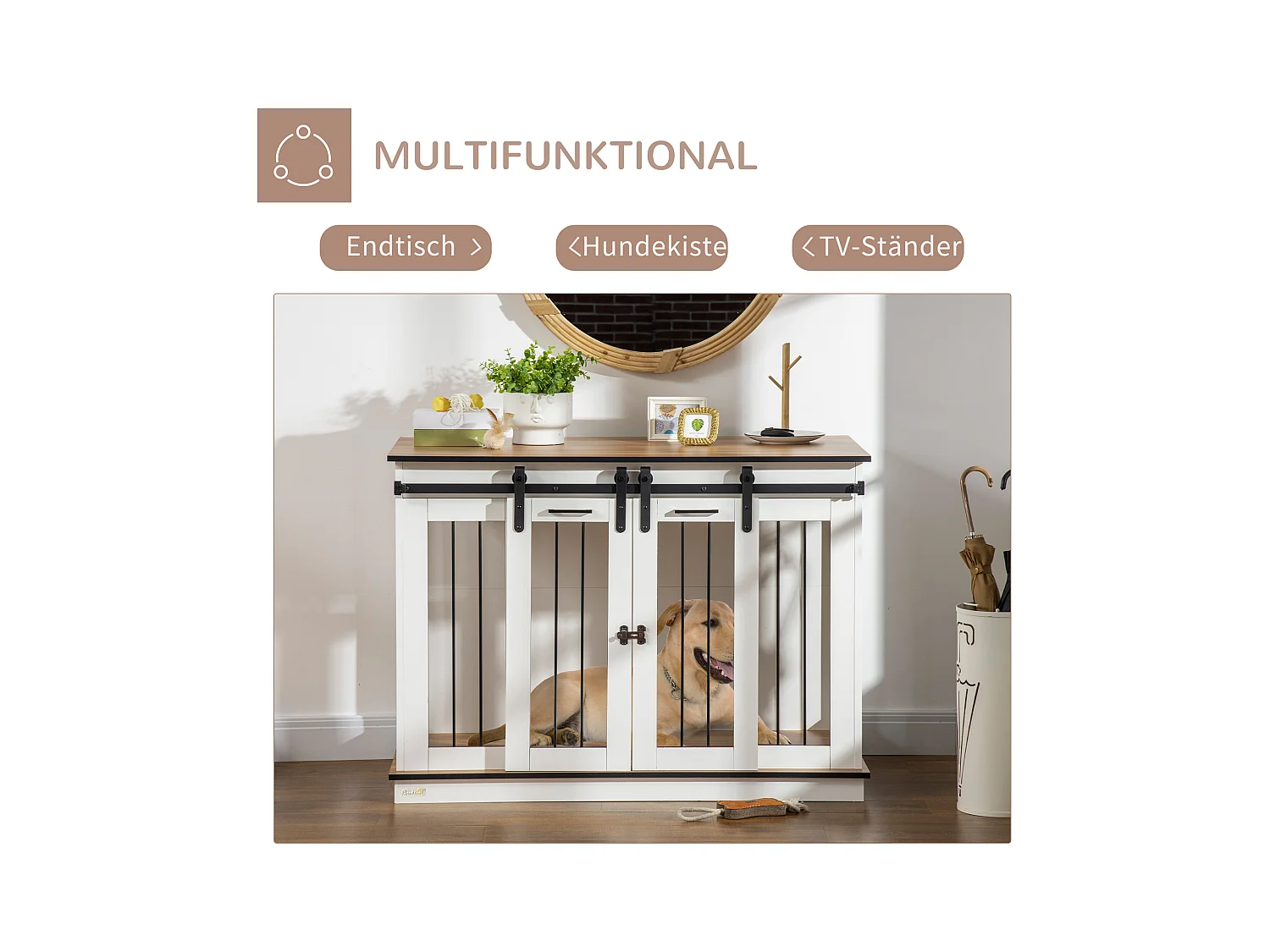 Hondenbench met twee compartimenten, rustiek design, hout, wit, met dubbele deur (120x60x88,5 cm)