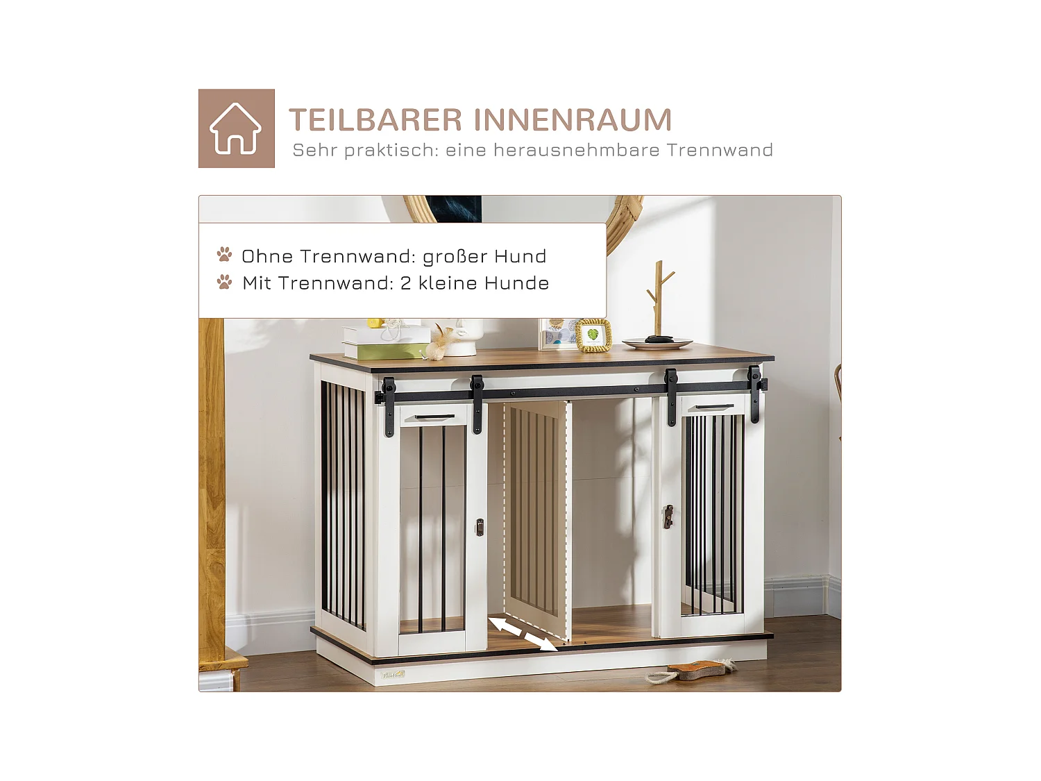 Hondenbench met twee compartimenten, rustiek design, hout, wit, met dubbele deur (120x60x88,5 cm)