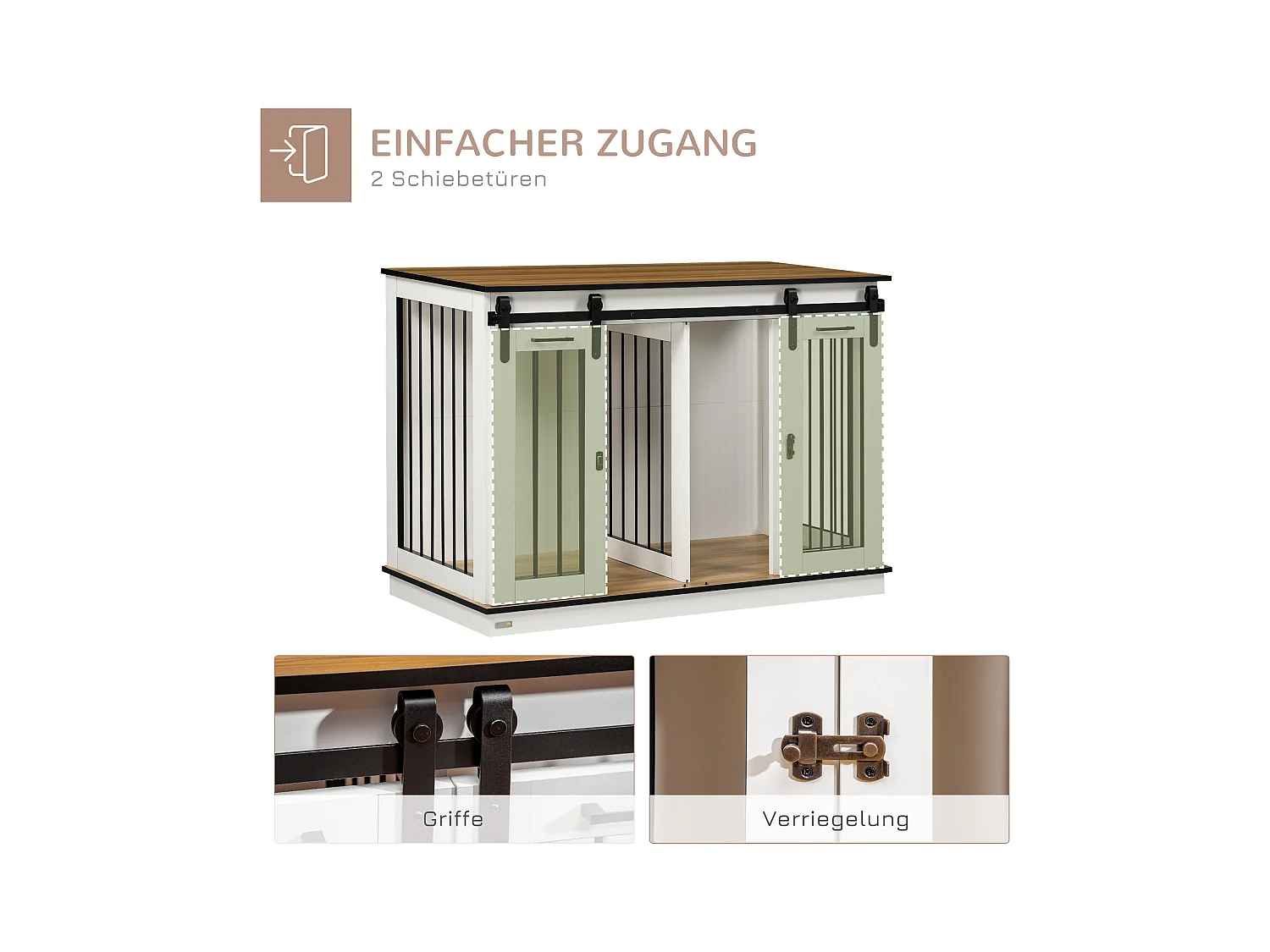 Hondenbench met twee compartimenten, rustiek design, hout, wit, met dubbele deur (120x60x88,5 cm)