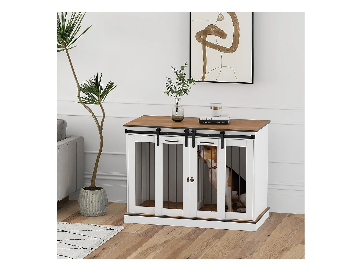 Hondenbench met twee compartimenten, rustiek design, hout, wit, met dubbele deur (120x60x88,5 cm)