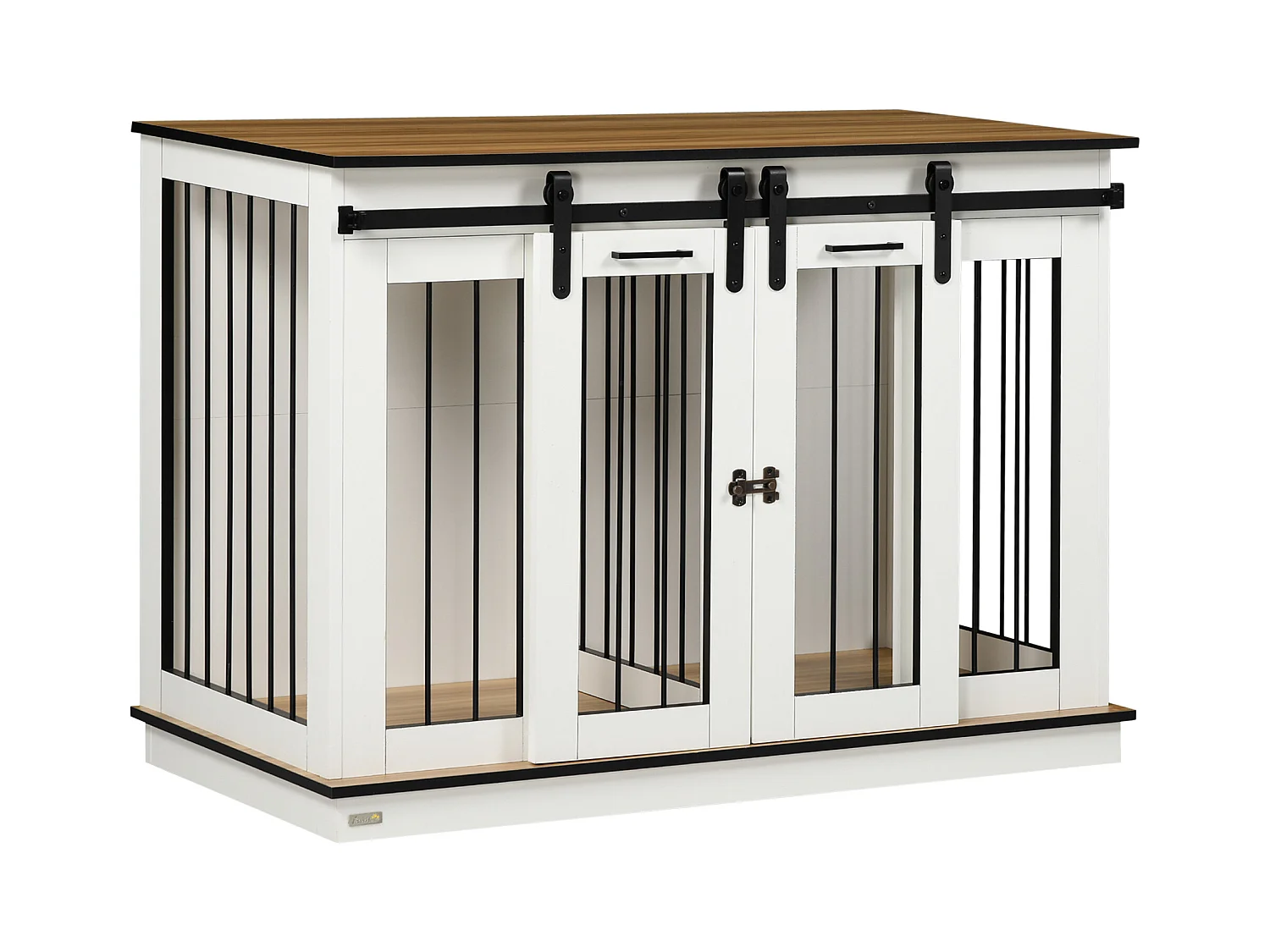Cage pour chien à deux compartiments, design rustique, bois, blanc, avec double porte (120x60x88.5 cm)