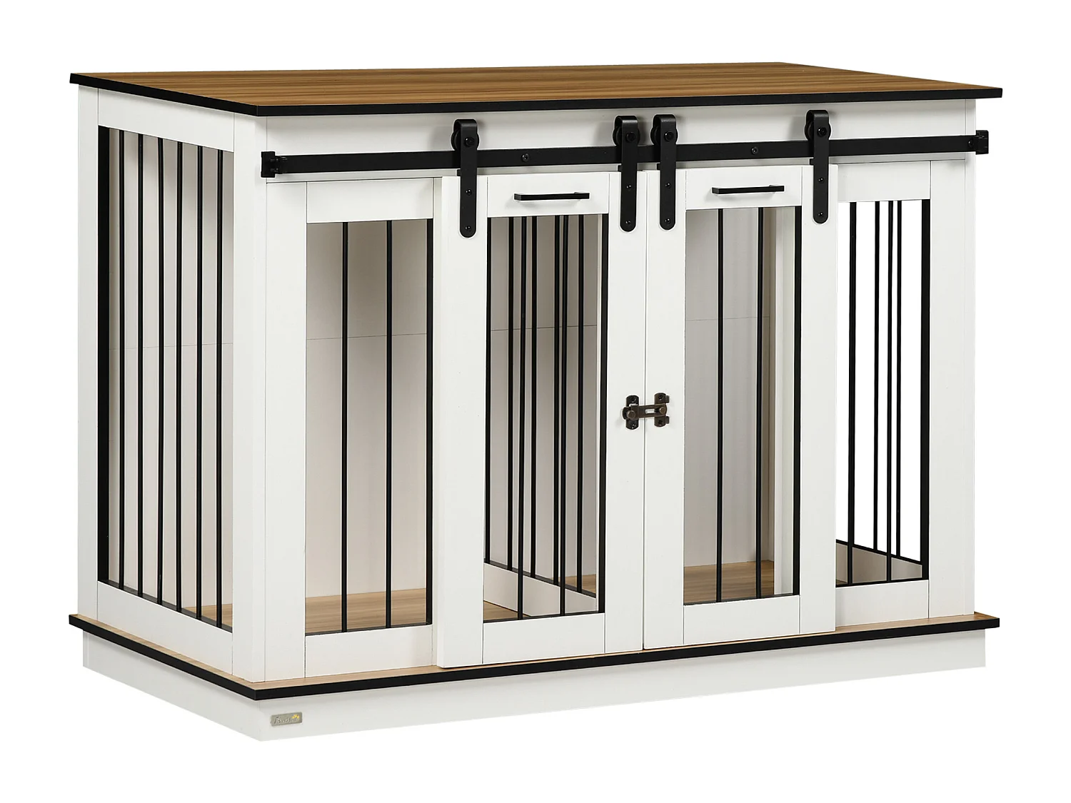 Hondenbench met twee compartimenten, rustiek design, hout, wit, met dubbele deur (120x60x88,5 cm)