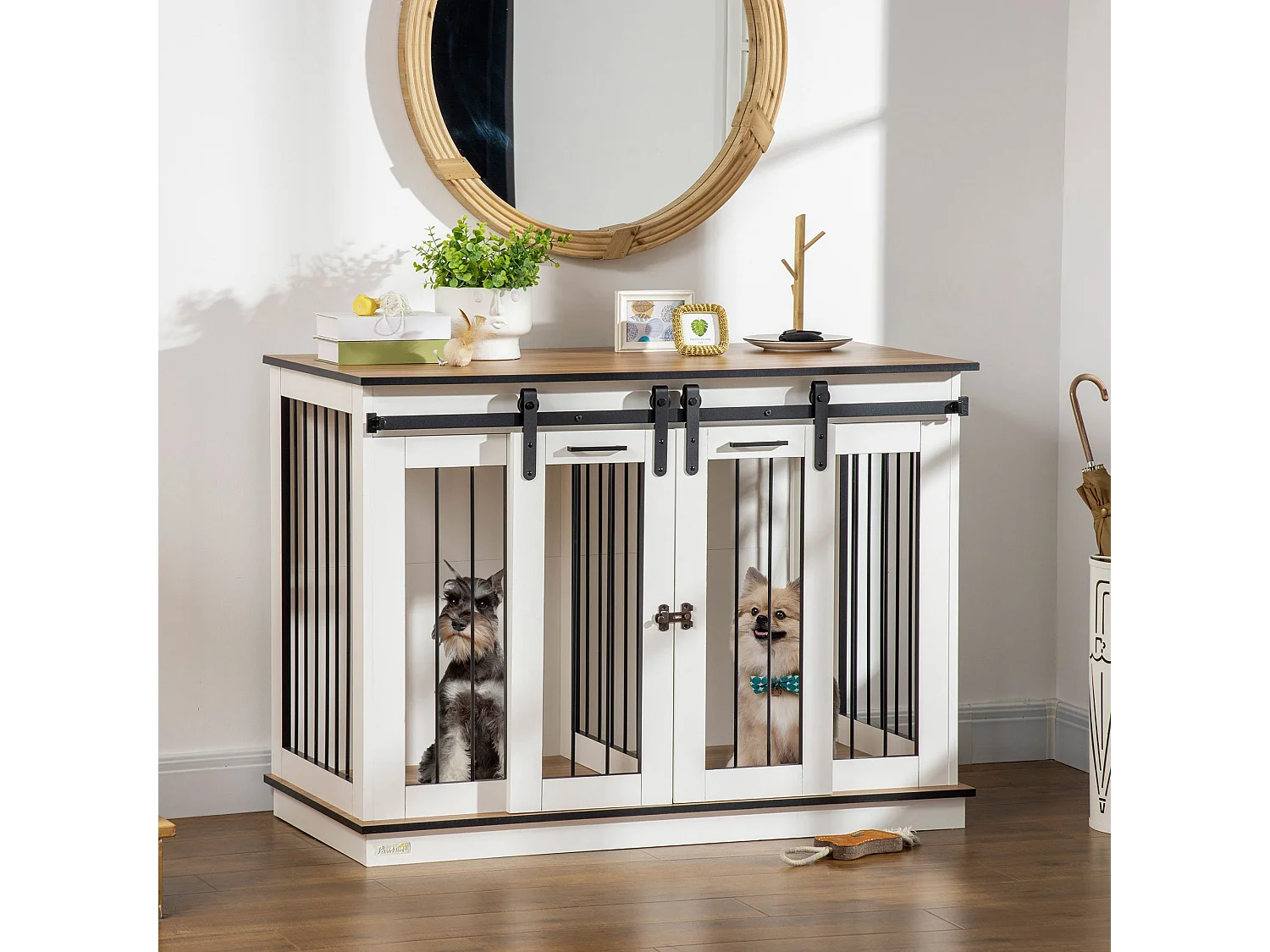 Hondenbench met twee compartimenten, rustiek design, hout, wit, met dubbele deur (120x60x88,5 cm)