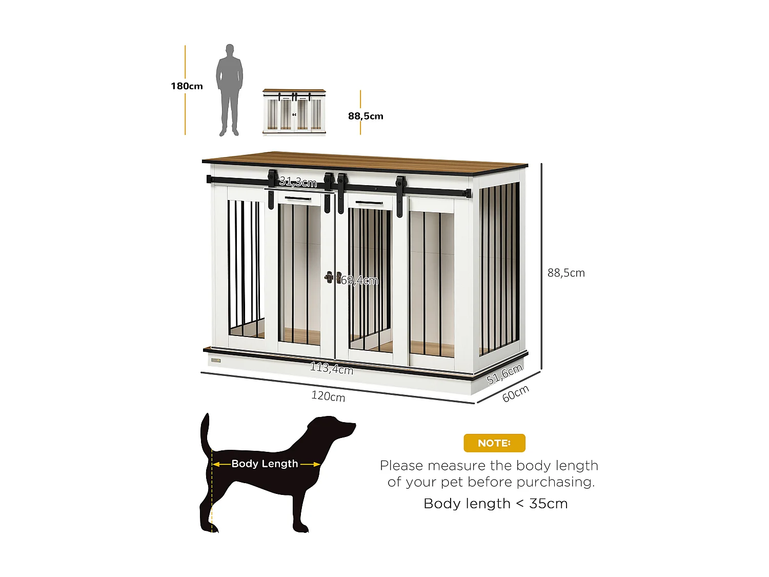 Hondenbench met twee compartimenten, rustiek design, hout, wit, met dubbele deur (120x60x88,5 cm)