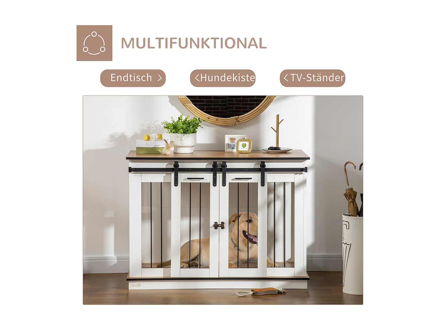 Hondenbench met twee compartimenten, rustiek design, hout, wit, met dubbele deur (120x60x88,5 cm)