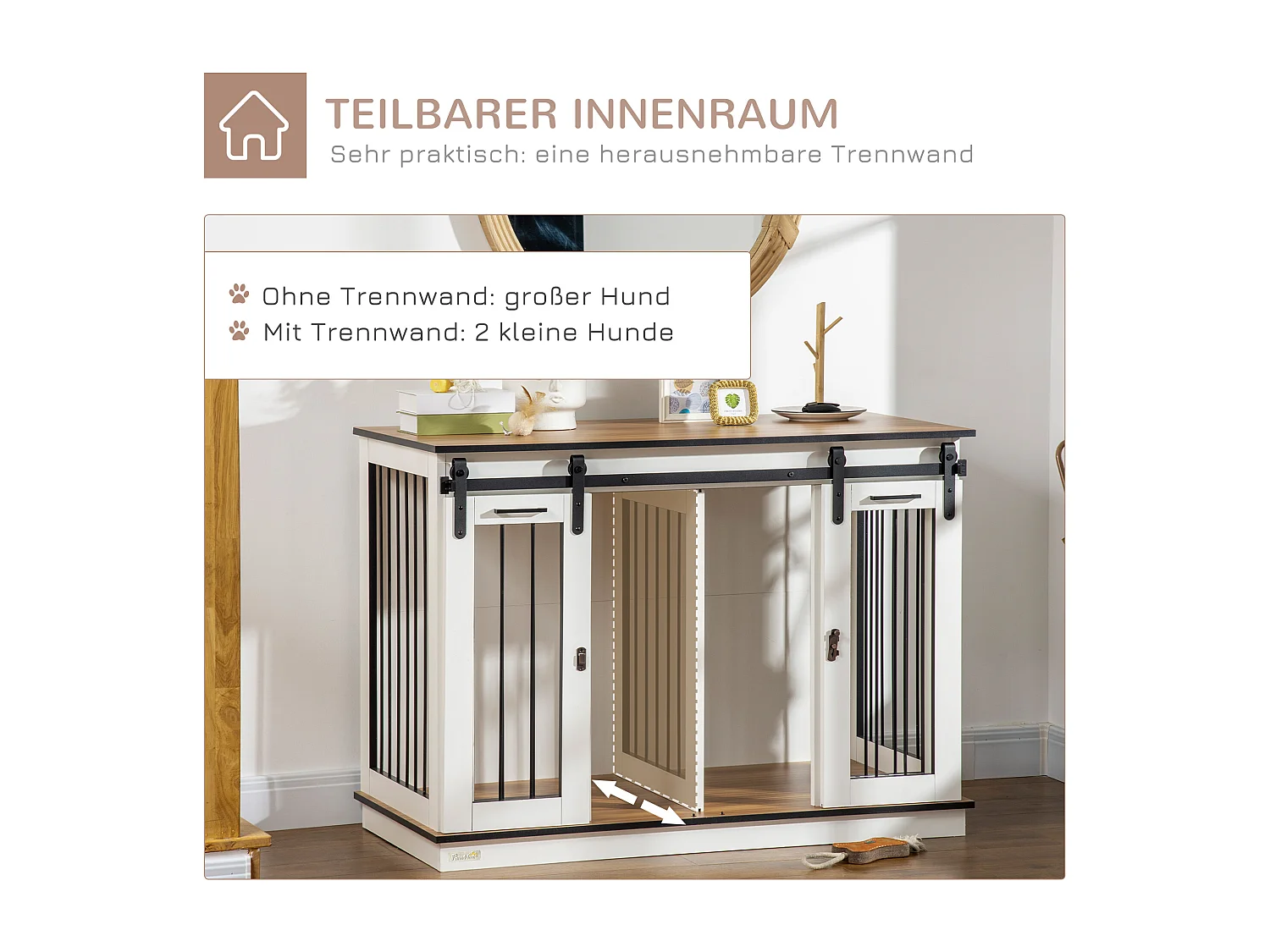 Hondenbench met twee compartimenten, rustiek design, hout, wit, met dubbele deur (120x60x88,5 cm)