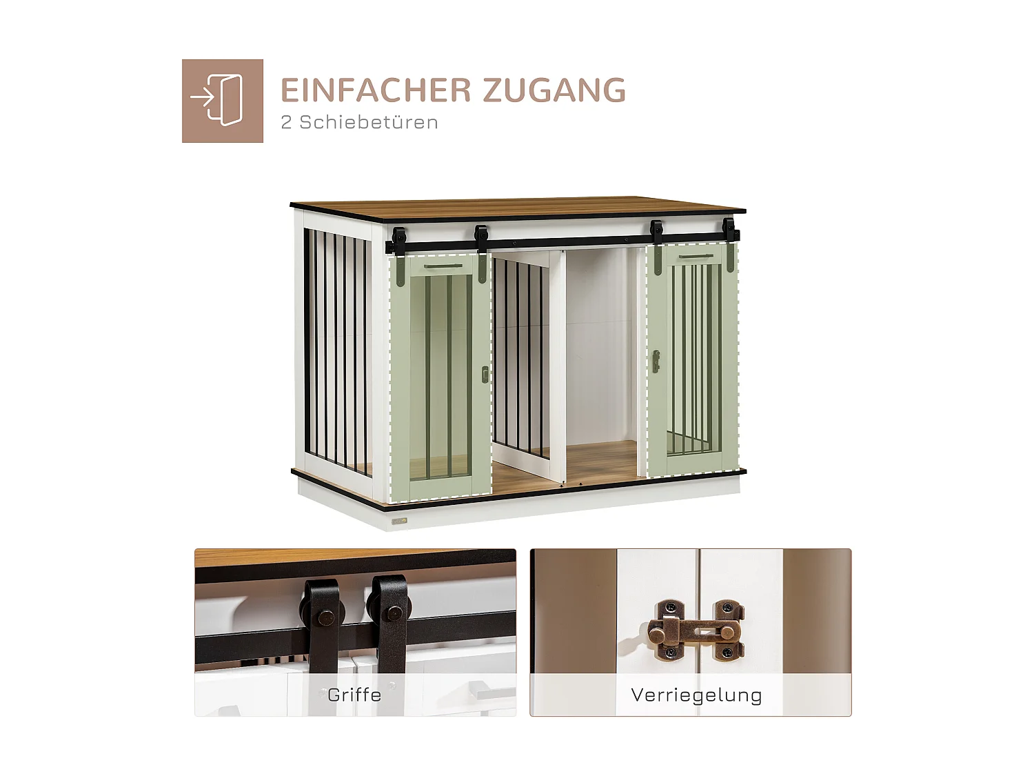 Hondenbench met twee compartimenten, rustiek design, hout, wit, met dubbele deur (120x60x88,5 cm)