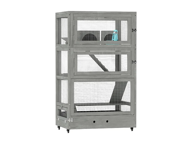 Cage pour hamster nain en bois, à 4 niveaux avec accessoires, gris (65x45x109 cm)