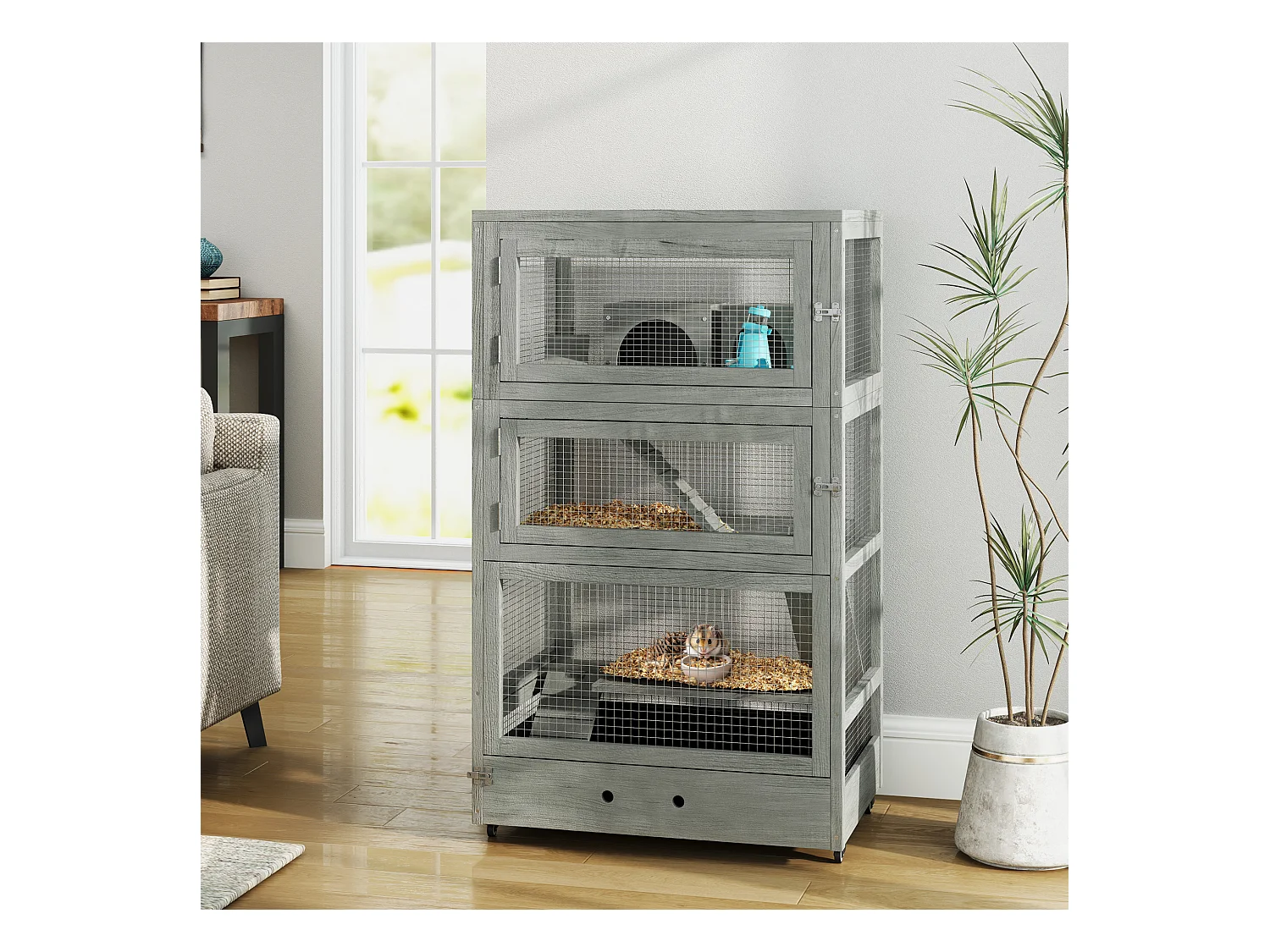 Cage pour hamster nain en bois, à 4 niveaux avec accessoires, gris (65x45x109 cm)