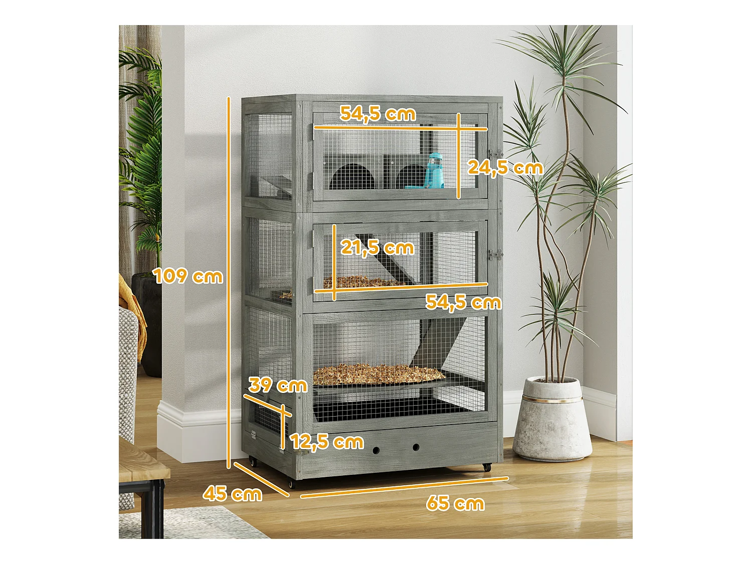 Cage pour hamster nain en bois, à 4 niveaux avec accessoires, gris (65x45x109 cm)